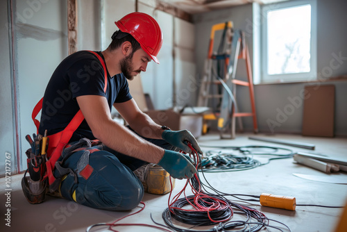 Electrician wiring a renovated home, safety equipment and tools neatly organized on the floor.