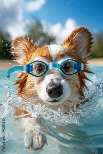 A cute dog wearing swimming goggles is swimming in the water