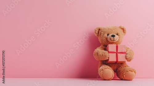 Cuddly bear holding wrapped gift against pink background