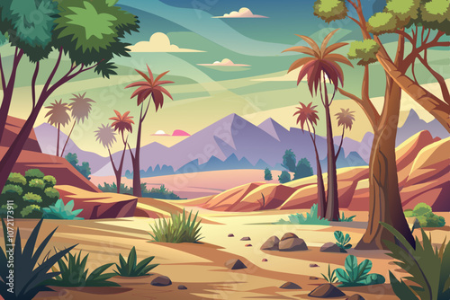 Sandy and stony hot desert landscape cartoon illustration background banner