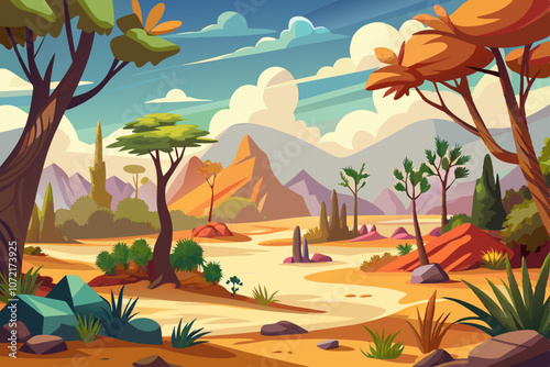 Sandy and stony hot desert landscape cartoon illustration background banner