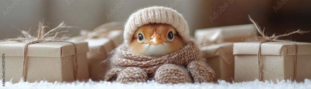 Fototapeta premium Tiny chick wears festive scarf and mittens surrounded by holiday gifts and cheerful decorations