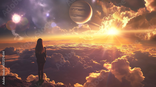 A Young Woman Gazes at a Stunning Cosmic Landscape with Planets and Stars at Sunset Above the Clouds in an Ethereal and Dreamlike Scene