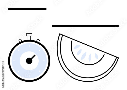 Stopwatch watermelon slice and lines symbolizing the contrast between time nature, simplicity, balance, minimalism, and harmony. Ideal for themes of efficiency, freshness, health, productivity