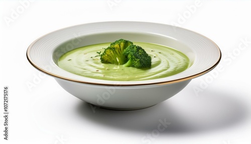 A bowl of broccoli cream soup is shown, high resolution, on isolate White background, PNG