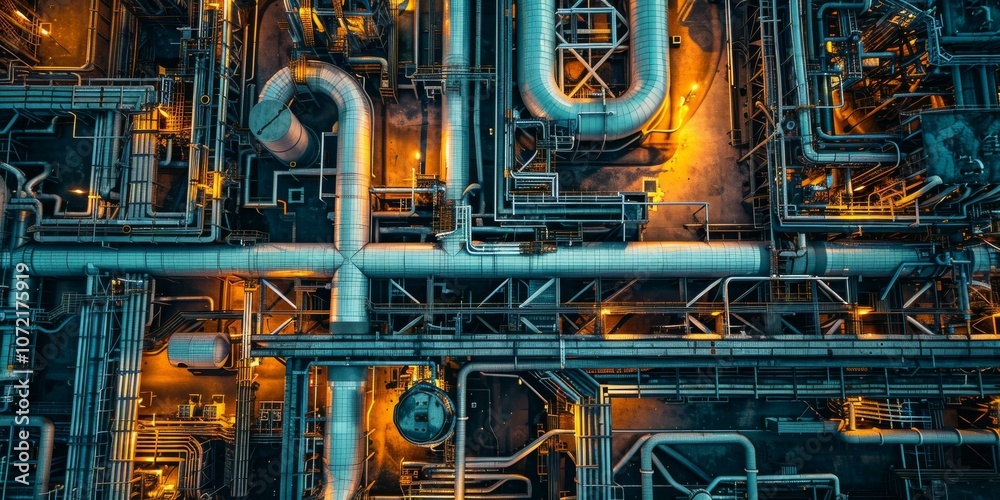 A bird's eye view of the maze of pipes and machinery at an oil refinery A bird's eye view of the maze of pipes and machinery at an oil refinery