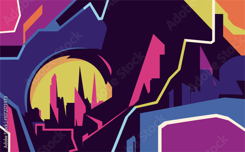 Abstract geometric background. Ccolorful cityscape with yellow sun and buildings. Futuristic vector illustration