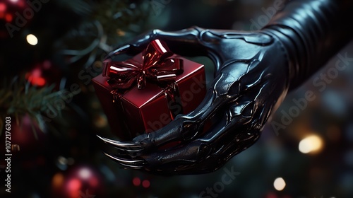 A black hand with claws holds a gift created with Generative AI photo