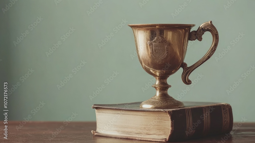 Antique brass cup rests on old book against green background Antique brass cup rests on old book against green background