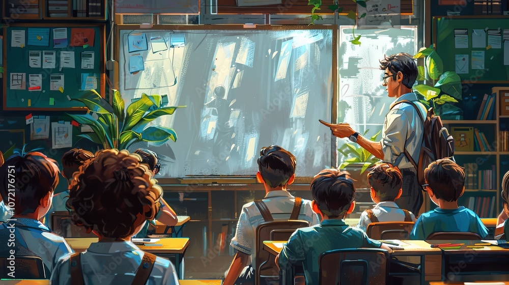A teacher stands at the front of a classroom, writing on the whiteboard while the students sit at their desks, following along. The classroom is filled with colorful posters, and the atmosphere is foc A teacher stands at the front of a classroom, writing on the whiteboard while the students sit at their desks, following along. The classroom is filled with colorful posters, and the atmosphere is foc