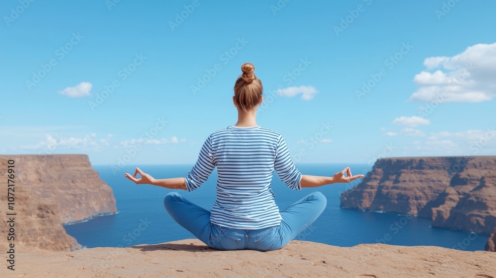 Woman in yoga pose on clifftop overlooking the ocean. Woman in yoga pose on clifftop overlooking the ocean.