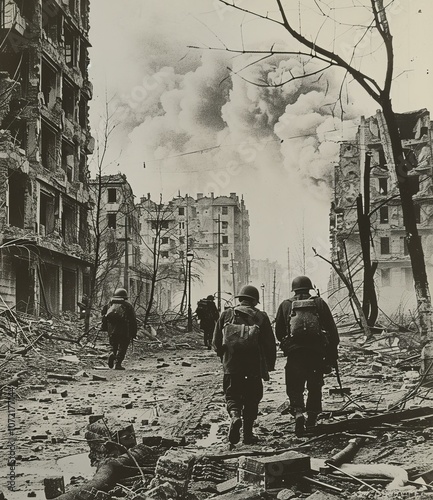 American soldiers walking through the destroyed city of Berlin, Germany, 1945