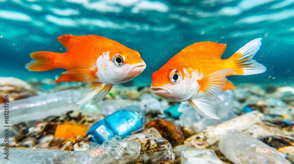 Two goldfish swim over a seabed littered with plastic pollution. Two goldfish swim over a seabed littered with plastic pollution.