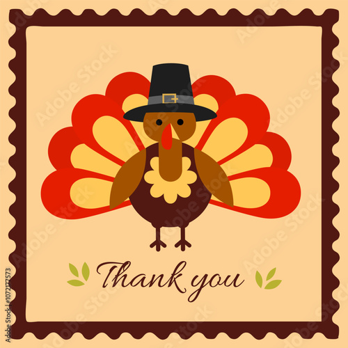 Vector Illustration of a Happy Thanksgiving Celebration Design with Cartoon Turkey. Design concept of congratulation, banner, postage stamp, poster, social media. Vector illustration.