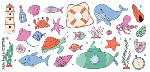 Sea life doodles, cartoon elements of fish, seaweed, starfish, submarine, corals, etc. for pritns, nursery decor, scrapbooking, stationery, stickers, cards, etc. EPS 10