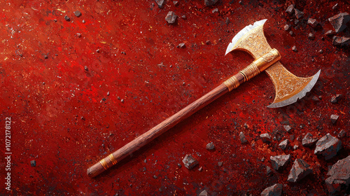 Close-up of a double-bladed axe with exquisite gold detailing set against a gritty, blood-red ground, portraying the power and artistry of ancient weaponry.