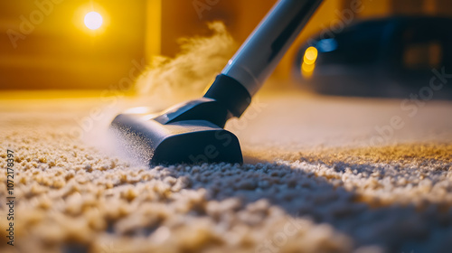 Close-Up View of a Vacuum Cleaner Head on Soft Carpet with Dust and Steam During a Cleaning Session at Home in Cozy Ambient Light