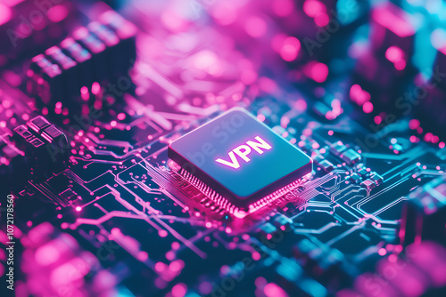 A close-up view of a glowing VPN chip on a dark circuit board. photo