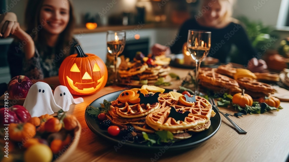 Halloween Waffles with Bats and Pumpkins. Halloween Waffles with Bats and Pumpkins.