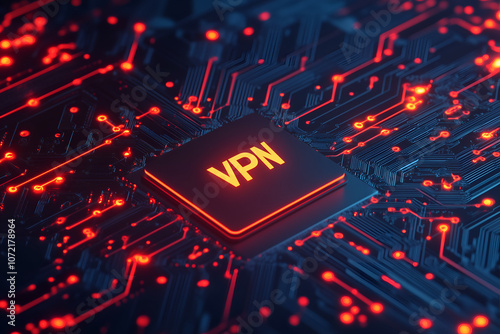 A close-up view of a glowing VPN chip on a dark circuit board. photo
