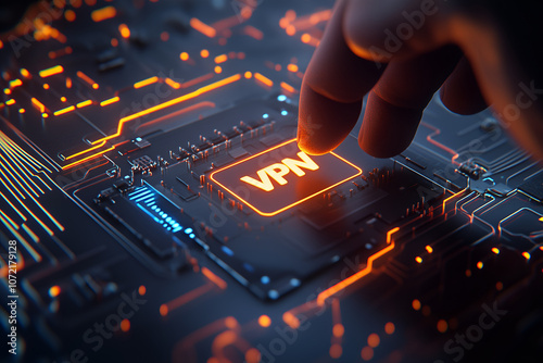 A close-up view of a glowing VPN chip on a dark circuit board. photo