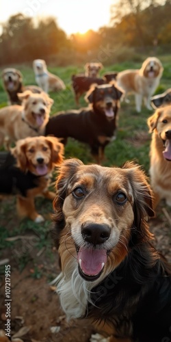 Group of dogs in a field at sunset