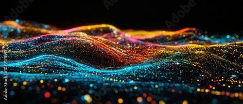 Flowing neon particles create mesmerizing wave like motion, representing big data networks. vibrant colors evoke sense of dynamic energy and innovation