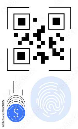 QR code at top, blue fingerprint icon at bottom right. Falling coins with dollar sign on left. Ideal for fintech, mobile payments, banking, security, personal identification, digital wallets