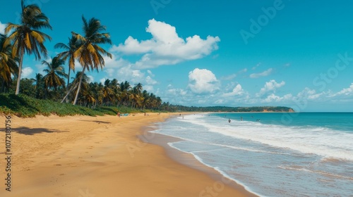 A tranquil, sunny beach scene with golden sand, swaying palm trees, and azure waters.