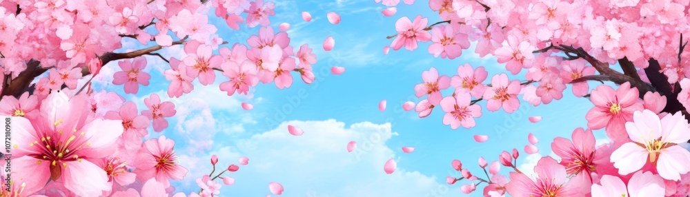 Beautiful cherry blossoms frame a serene blue sky, symbolizing renewal and tranquility. Beautiful cherry blossoms frame a serene blue sky, symbolizing renewal and tranquility.