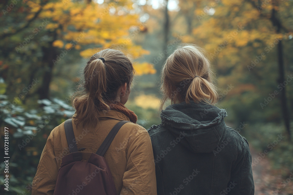 Friends offering gentle, emotional support while on a walk in the park. Friends offering gentle, emotional support while on a walk in the park.