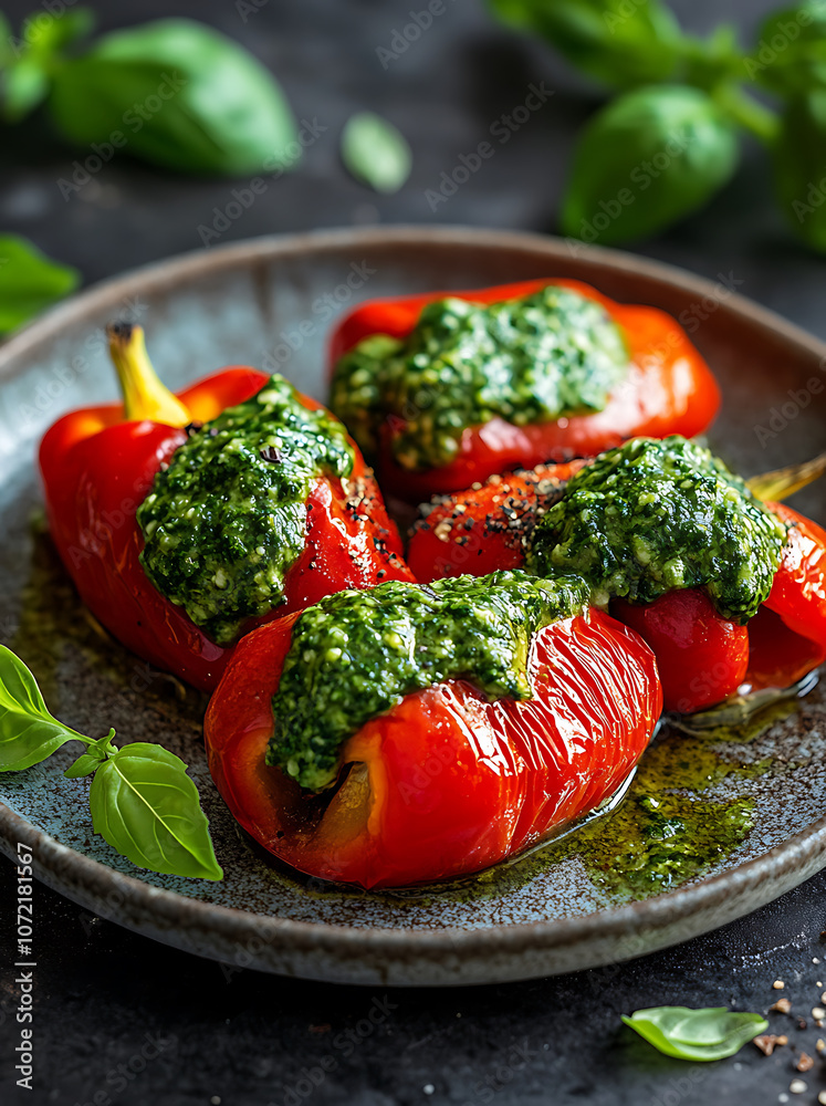 Roasted red peppers topped with vibrant green sauce, garnished with fresh basil, create delicious Moroccan style dish. Perfect for flavorful meal! Roasted red peppers topped with vibrant green sauce, garnished with fresh basil, create delicious Moroccan style dish. Perfect for flavorful meal!