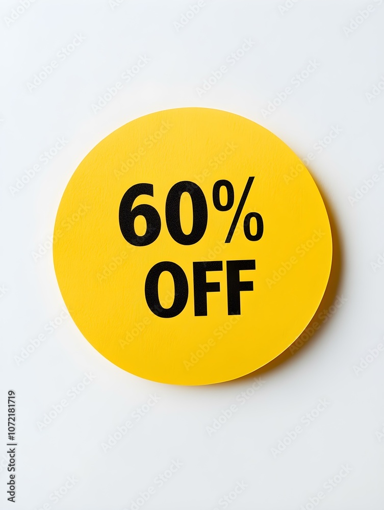 Black '60% OFF' Text on a Yellow Round Paper Note. White Background Black '60% OFF' Text on a Yellow Round Paper Note. White Background