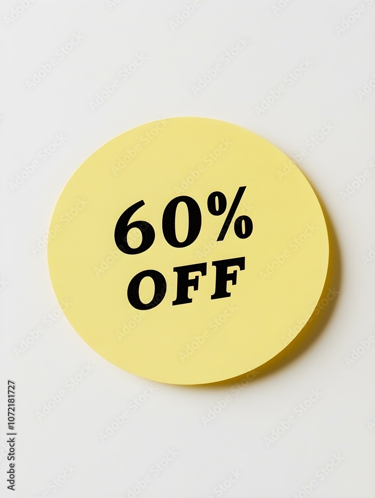 Black '60% OFF' Text on a Yellow Round Paper Note. White Background Black '60% OFF' Text on a Yellow Round Paper Note. White Background