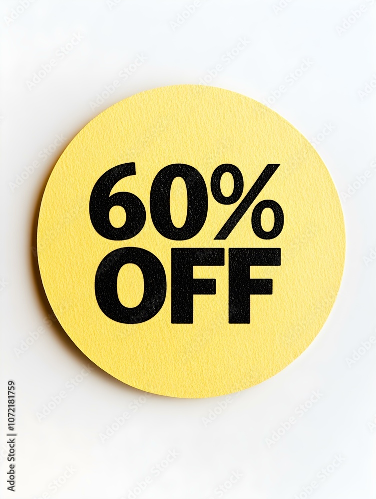 Black '60% OFF' Text on a Yellow Round Paper Note. White Background Black '60% OFF' Text on a Yellow Round Paper Note. White Background