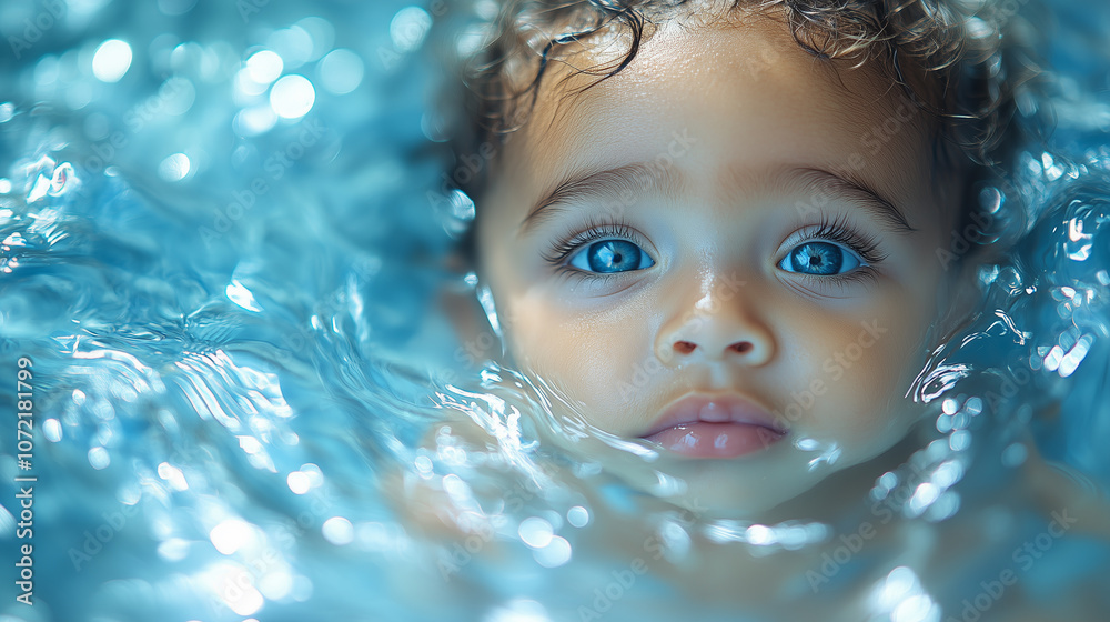 A baby with curly hair and striking blue eyes swims in clear water, emerging so that only the face is visible close-up A baby with curly hair and striking blue eyes swims in clear water, emerging so that only the face is visible close-up