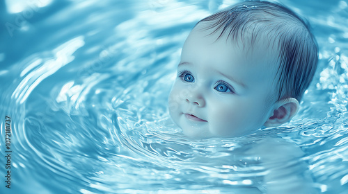 A carefree baby smiles delightfully while splashing in clear water, showcasing a moment of joy and innocence during a playful swim on a sunny day.