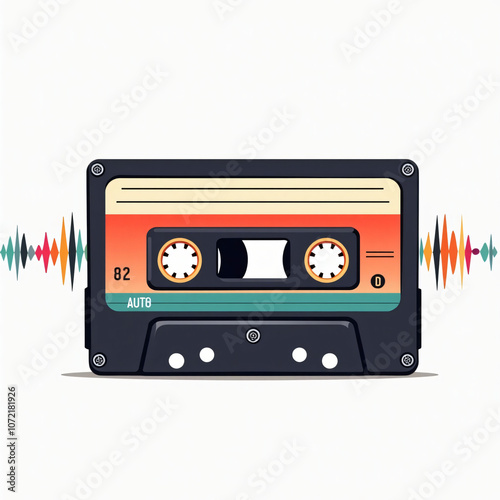 Retro cassette tape with vibrant sound waves, capturing the nostalgia of music, audio culture, and vintage aesthetics, perfect for designs related to creativity, memories, and entertainment photo