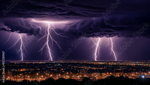 Stunning lightning enchants city skyline during night storm. photo