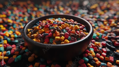 A bowl filled with colorful pet food kibbles surrounded by snacks and treats photo