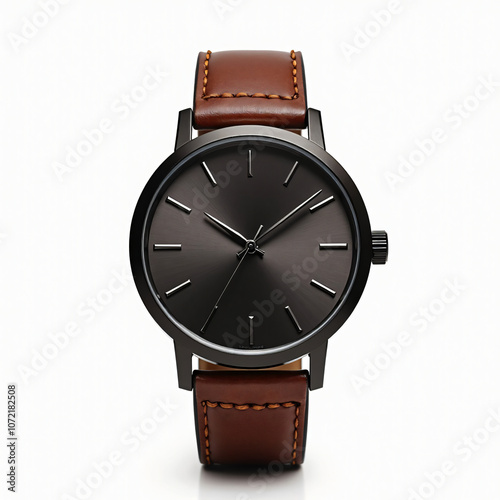 Sleek and modern black watch with a stylish brown leather strap, perfect for showcasing elegance, precision, and sophistication in fashion accessories and timekeeping for discerning individuals
