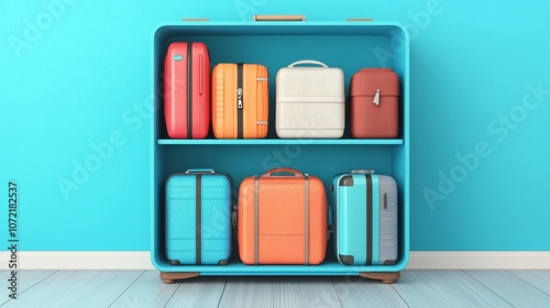 A blue suitcase shelf filled with colorful suitcases. photo