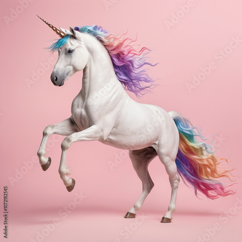 Majestic unicorn with rainbow mane prancing gracefully on a soft pink background photo