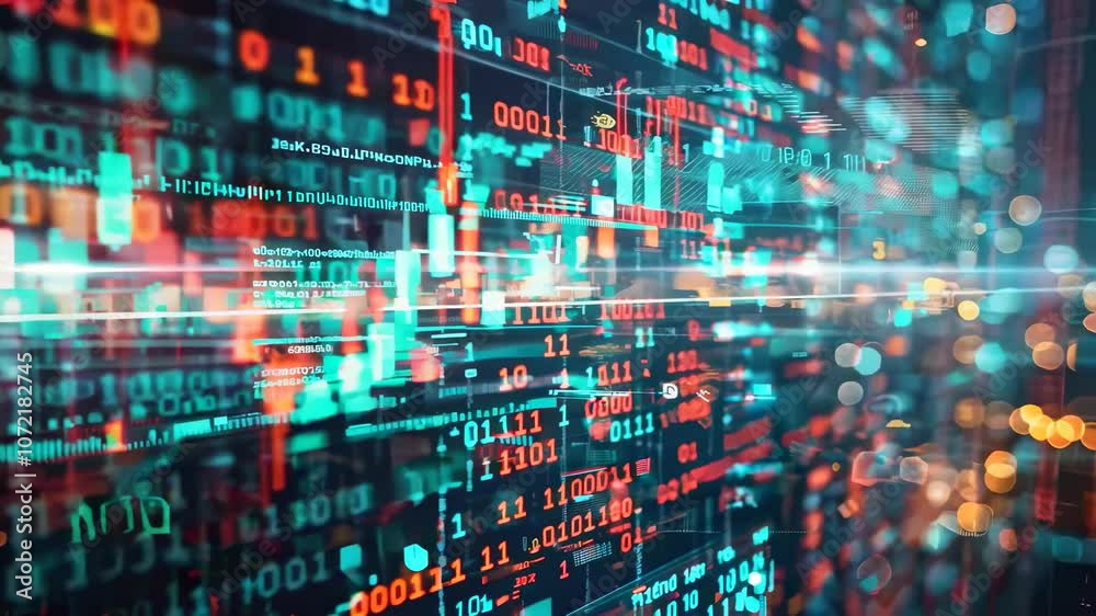 Abstract financial data visualization with glowing binary code and charts Abstract financial data visualization with glowing binary code and charts