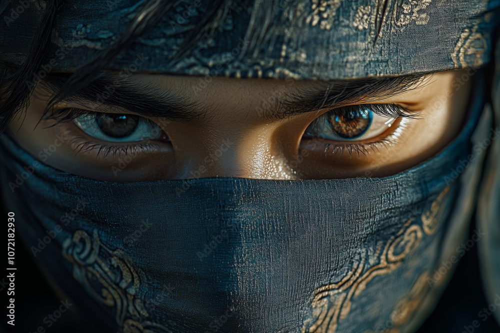 A focused ninja observing the world through a hidden gaze in twilight A focused ninja observing the world through a hidden gaze in twilight