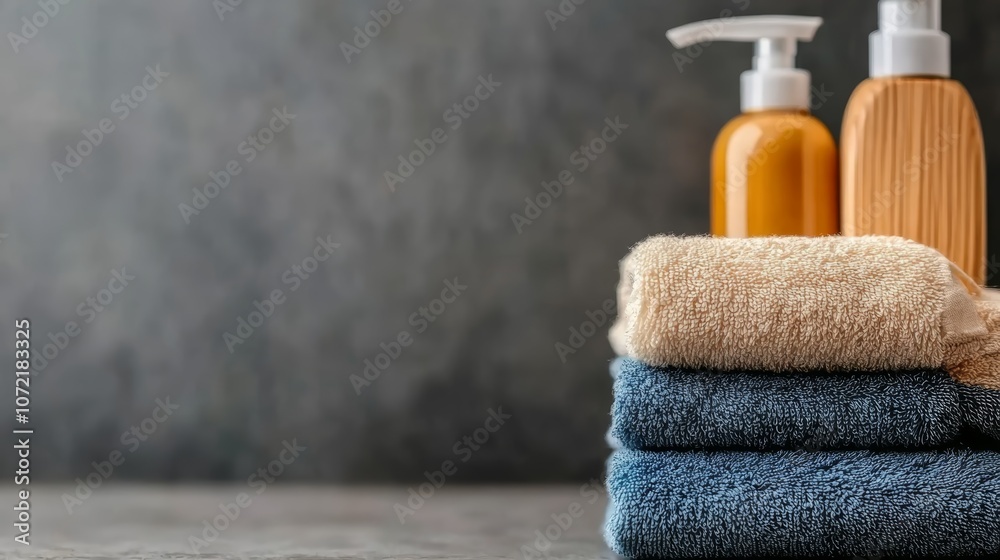 Luxurious spa scene, soft towels and fragrant soaps on a table create relaxing atmosphere of tranquility Luxurious spa scene, soft towels and fragrant soaps on a table create relaxing atmosphere of tranquility