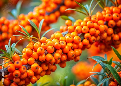 Closeup of Vibrant Orange Sea Buckthorn Berries on a Branch in Autumn, Perfect for Healthy Tea Preparation and Nutrient-Rich Harvesting, Showcasing Nature's Bounty of Vitamins and Antioxidants