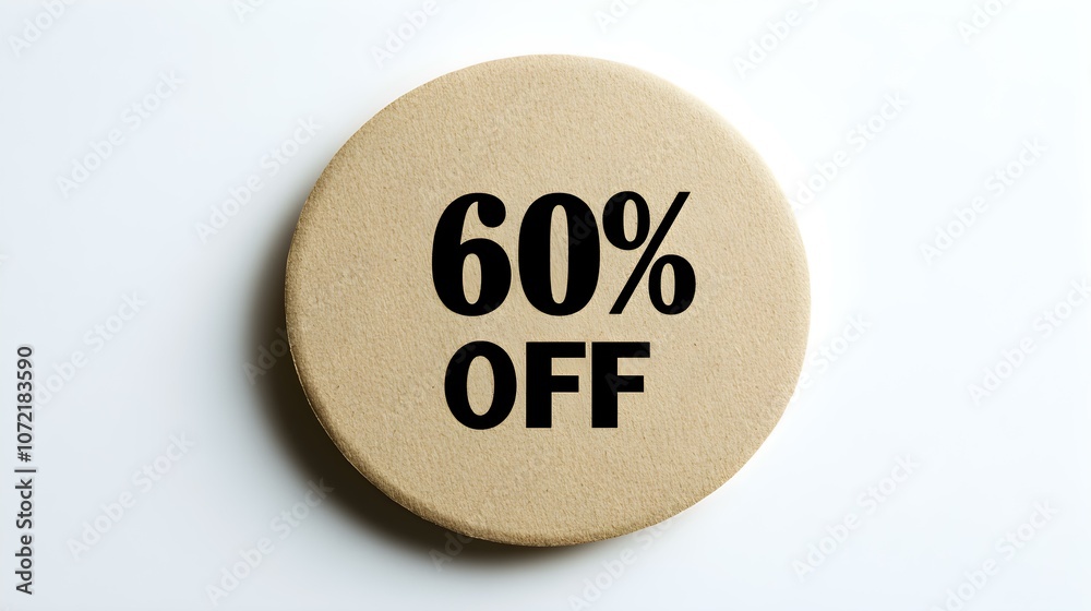 Black '60% OFF' Text on a Beige Round Paper Note. White Background with Copy Space Black '60% OFF' Text on a Beige Round Paper Note. White Background with Copy Space