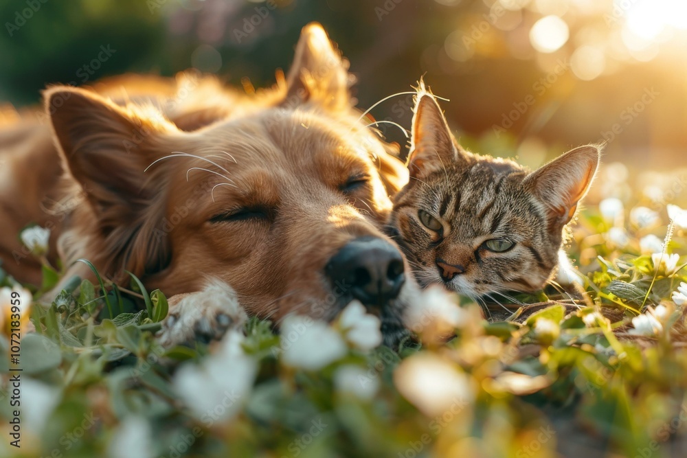 A ginger dog and a tabby cat lying in the grass together A ginger dog and a tabby cat lying in the grass together