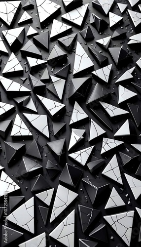 Explore the intricate beauty of geometric patterns created by shattered triangles on a dark surface